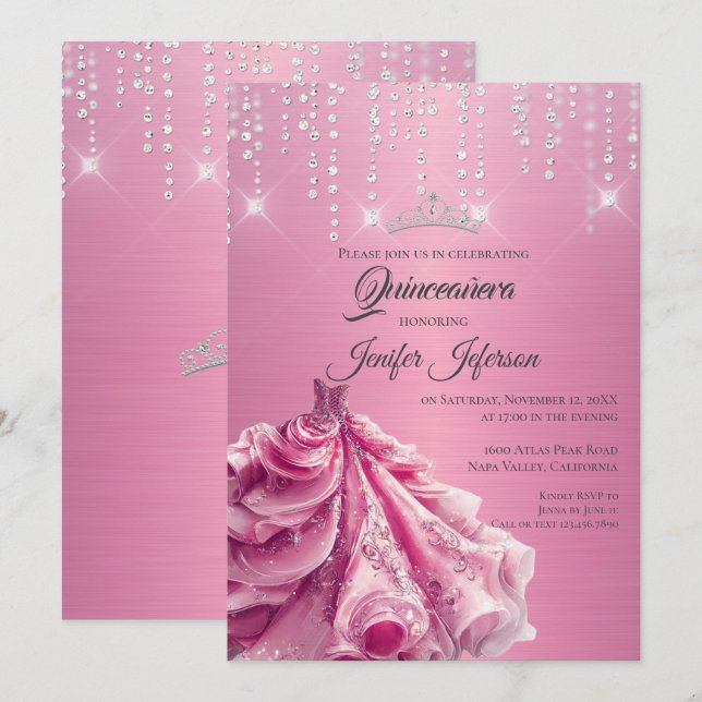 Invitación Quinceañera con brillo plateado goteand (Anverso / Reverso)