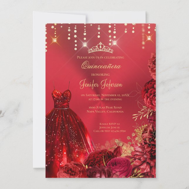 Invitación Quinceañera con brillo rojo metálico (Anverso)