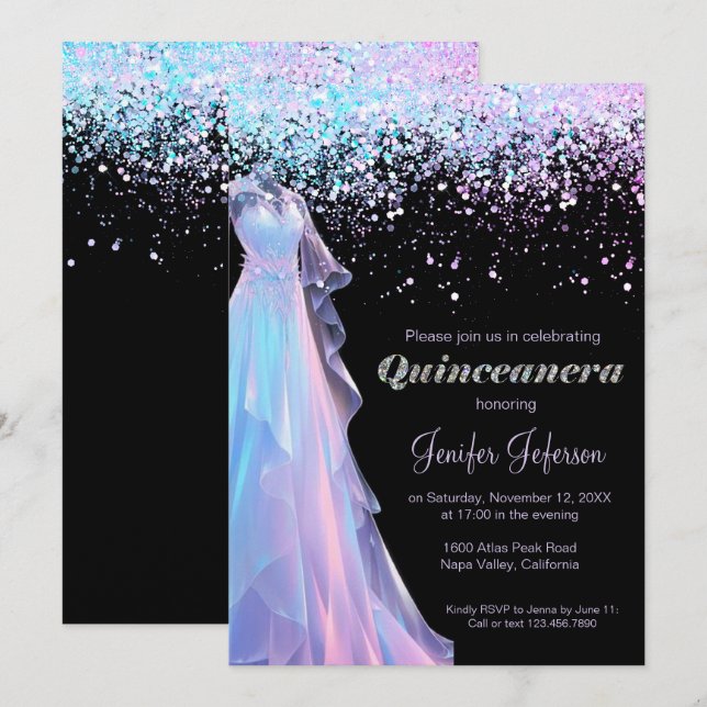 Invitación Quinceañera con confeti brillante (Anverso / Reverso)