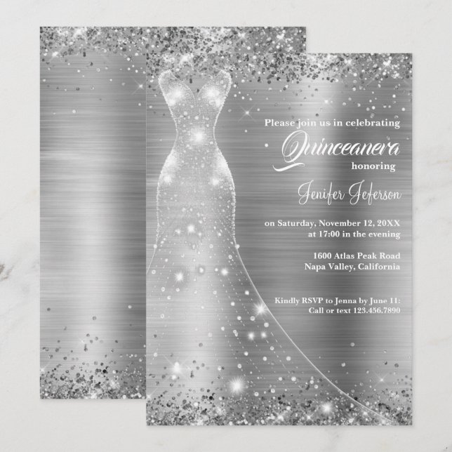 Invitación Quinceañera con confeti brillante (Anverso / Reverso)