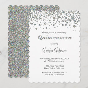 Invitación Quinceañera con confeti plateado brilla