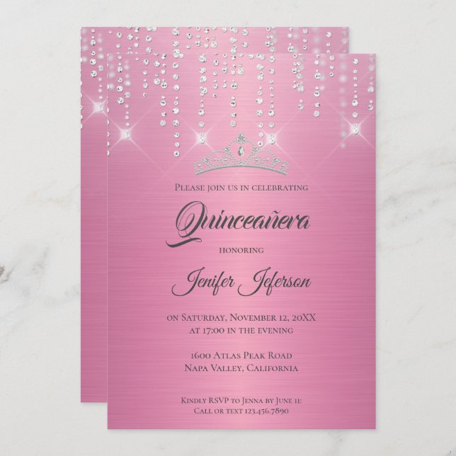 Invitación Quinceañera con destellos de plata (Anverso / Reverso)