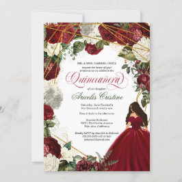Invitación Quinceanera con elegante bata y flor de borgoña