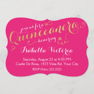 Invitación Quinceanera con escritura rosa y dorada