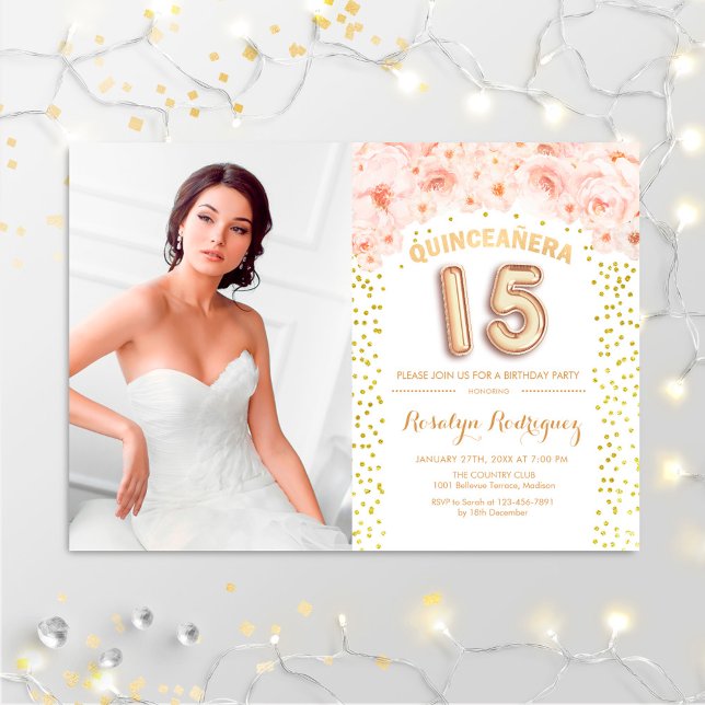 Invitación Quinceanera Con Flor Rosa De Oro Fotográfico (Subido por el creador)