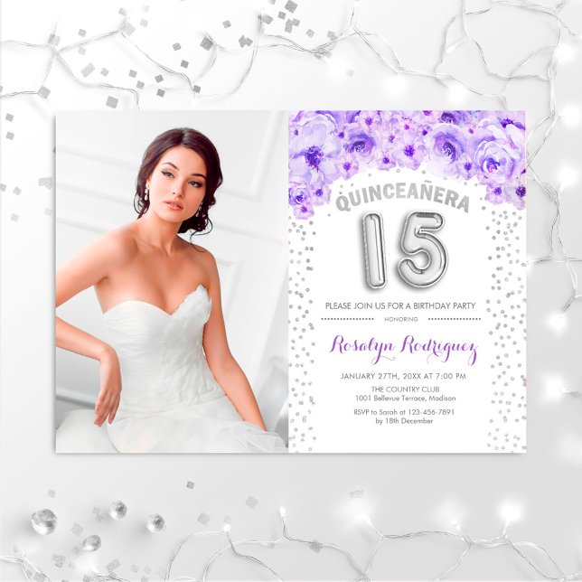 Invitación Quinceanera Con Floral Púrpura De Plata (Subido por el creador)