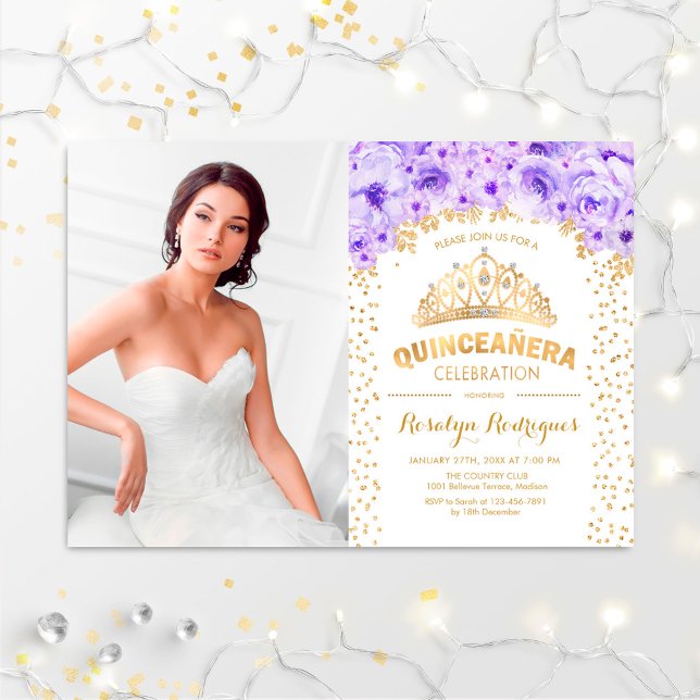 Invitación Quinceanera con foto - Blanco morado dorado (Subido por el creador)