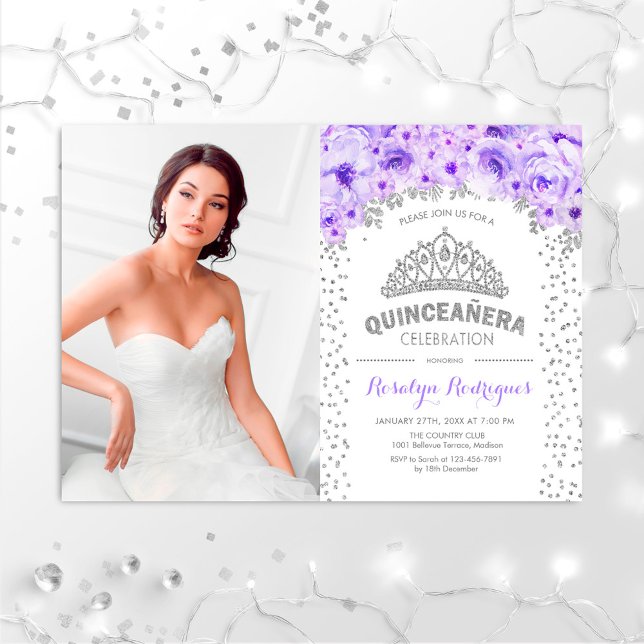 Invitación Quinceanera con foto - Blanco Púrpura Plateado (Subido por el creador)