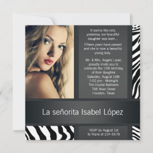 Invitación Quinceañera con foto de cebra personalizada