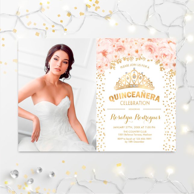 Invitación Quinceanera con foto - Floral rosa dorada (Subido por el creador)