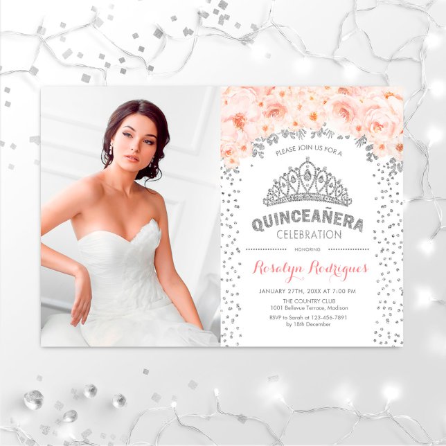 Invitación Quinceanera con foto - Floral rosada plateada (Subido por el creador)