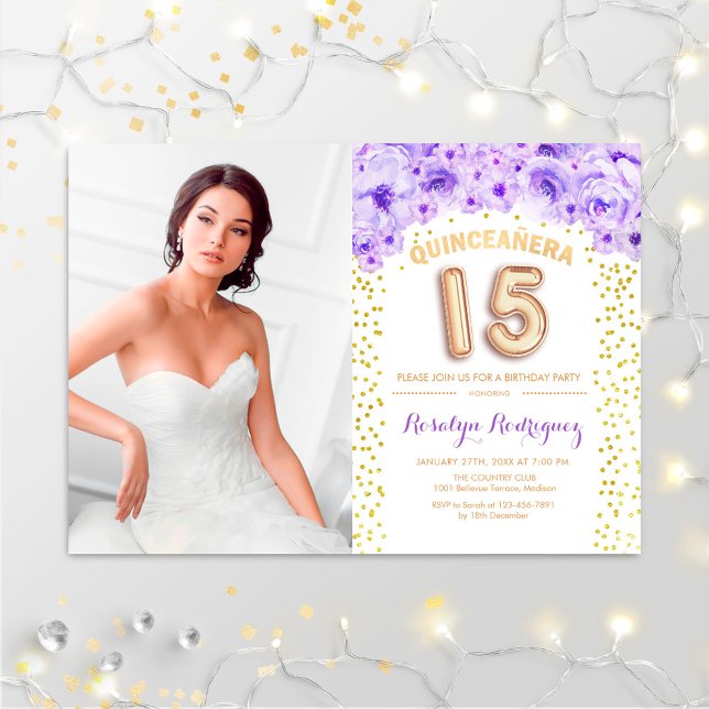 Invitación Quinceanera con foto oro morado floral (Subido por el creador)