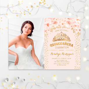 Invitación Quinceanera con foto - Rosa Rubor dorado