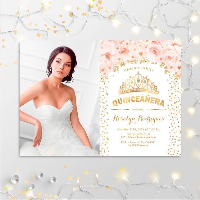 Invitación Quinceanera con foto - Roses rosados dorados (Subido por el creador)