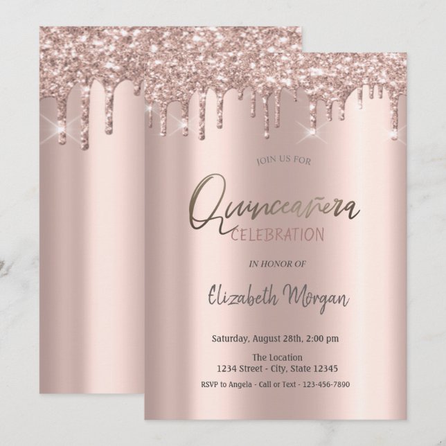 Invitación Quinceañera con gotas de brillo de oro rosa (Anverso / Reverso)