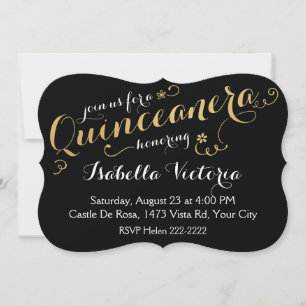 Invitación Quinceañera con guión negro y oro