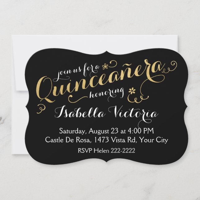 Invitación Quinceañera con guión negro y oro (Anverso)