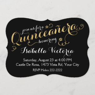 Invitación Quinceañera con guión negro y oro