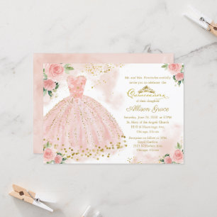 Invitación Quinceañera con Hoja de Oro Vestido Ros