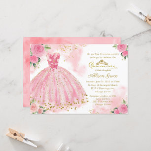 Invitación Quinceañera Con Hoja De Oro Vestido Ros