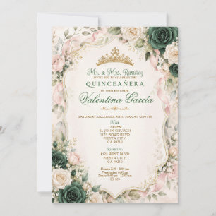 Invitación Quinceañera con Lazo Floral Verde Esmer