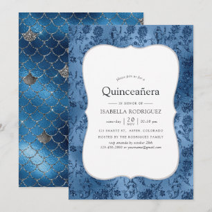 Invitación Quinceañera con Patrón de Sirena de Purpurina Azul