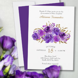 Invitación Quinceanera con Rosa morado y hoja de o
