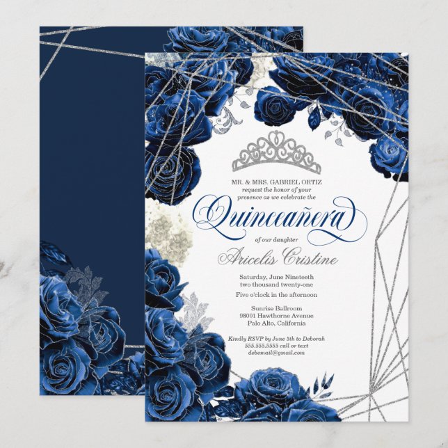 Invitación Quinceañera con Rosas azules de la Marina Real y T (Anverso / Reverso)