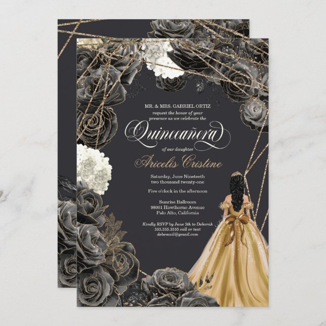 Invitación Quinceañera con Rosas negros, vestido de oro y Pur (Anverso / Reverso)