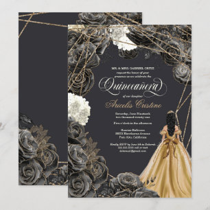 Invitación Quinceañera con Rosas negros, vestido de oro y Pur