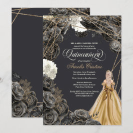 Invitación Quinceañera con Rosas negros, vestido de oro y Pur