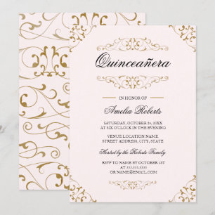Invitación Quinceanera con sabor a oro rosa antigu