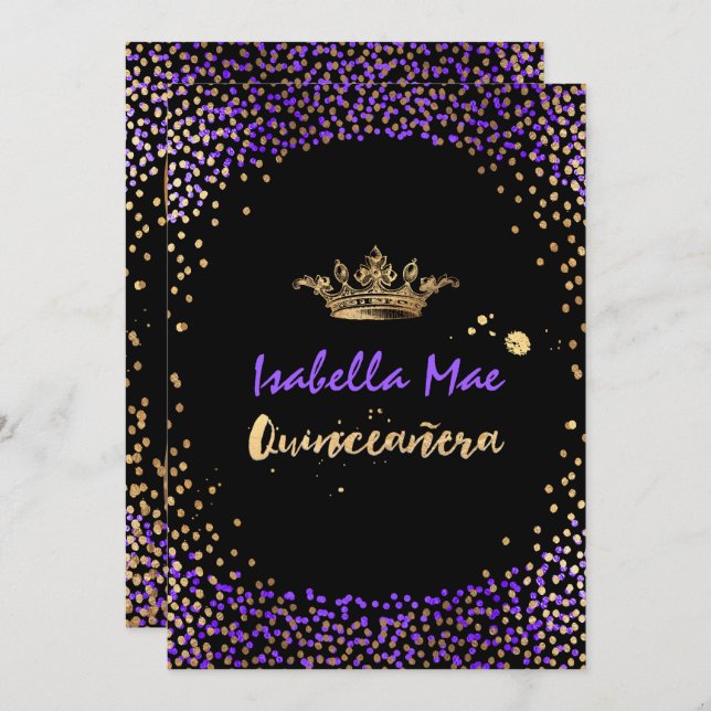 Invitación Quinceanera/Confetti/Neon Purple/Princesa/Corona (Anverso / Reverso)