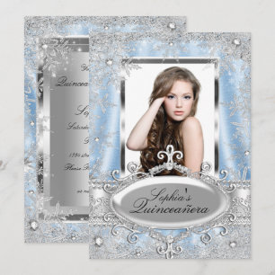 Invitación Quinceañera Copo de Nieve Joya Brillo Plateado Azu
