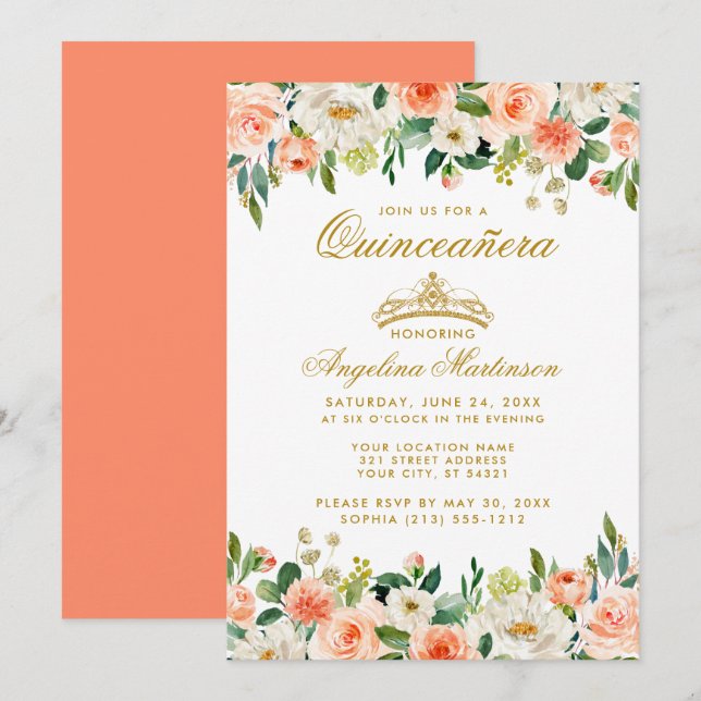 Invitación Quinceanera Coral Floral Crown Gold (Anverso / Reverso)