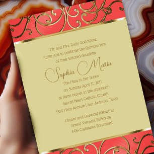 Invitación Quinceañera Coral Pink and Gold Filigree Swirls