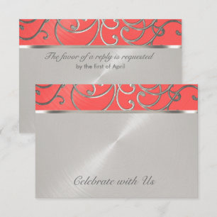 Invitación Quinceanera Coral Rosa y Plata Filigree Swirls
