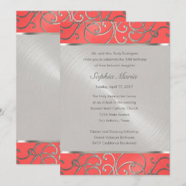 Invitación Quinceanera Coral Rosa y Plata Filigree Swirls