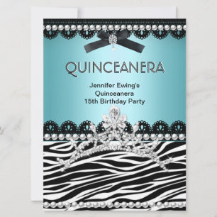Invitación Quinceañera Corona Cebra Azul Turquesa Negra 15