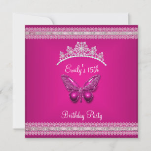 Invitación Quinceañera Corona de Mariposa Rosa Fushia 15