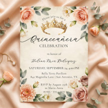Quinceañera Corona de Oro Floral Acuarela Vintage