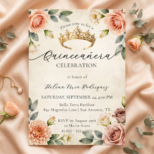 Invitación Quinceañera Corona de Oro Floral Acuarela Vintage