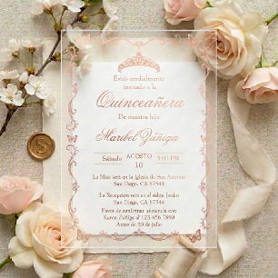 Invitación Quinceañera Corona mariposa rosa oro