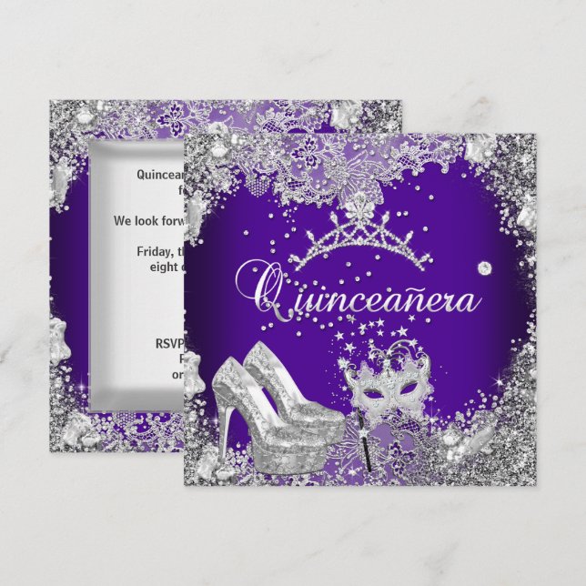 Invitación Quinceañera Corona Máscara de Plata Púrpura 15 (Anverso / Reverso)
