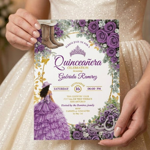 Invitación Quinceañera Country Western Rosas Purpúreas Dorada