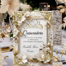 Invitación Quinceanera Cream Floral Oro Blanco Tiara Fiesta