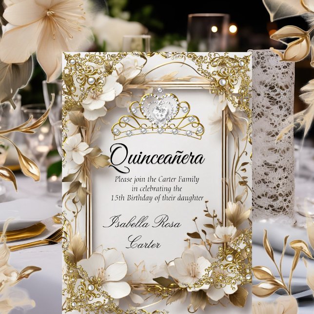 Invitación Quinceanera Cream Floral Oro Blanco Tiara Fiesta (Subido por el creador)