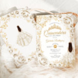 Invitación Quinceanera Cream Gold Floral<br><div class="desc">Cream gold Quinceanera celebration invitation. Features brunette girl in ball gown dress,  script font,  gold butterflies,  watercolor ivory cream champagne roses and tiara. Perfect for an elegant princess style glam celebration. Personalize with your own details. Printed Zazzle invitations or instant download digital printable template.</div>