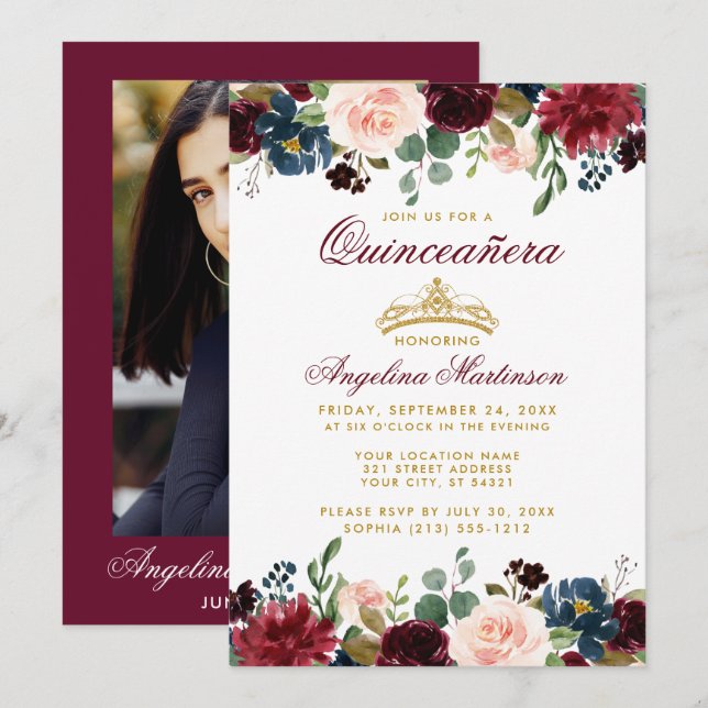 Invitación Quinceanera Crown Burgundy Blue Floral Foto (Anverso / Reverso)