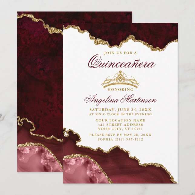 Invitación Quinceanera Crown Burgundy Gold Marble (Anverso / Reverso)